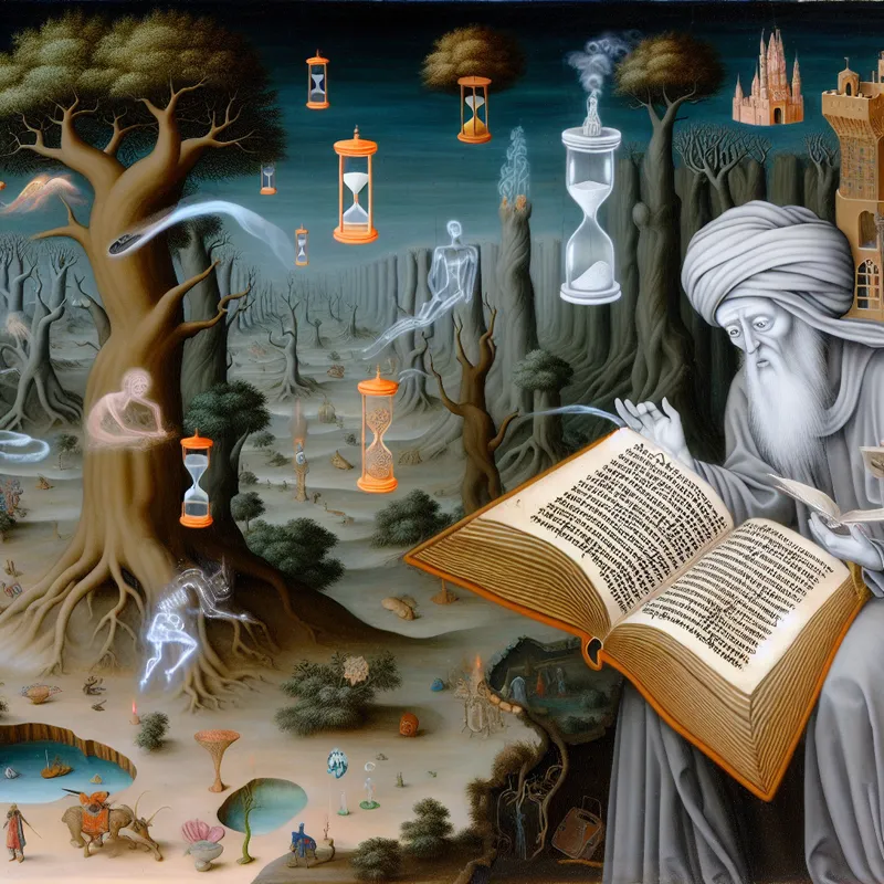 Surrealistisch tafereel van een middeleeuwse geleerde met een gloeiend grammaticaboek waarin het verleden deelwoord in het Nederlands wordt benadrukt, omringd door tijdreissymbolen en vreemde wezens