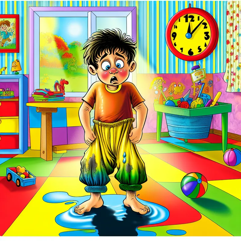 Een geschilderde cartoon van een verlegen jongen in een kleurrijke kamer, met een bezorgde uitdrukking en natte broek, omgeven door speelgoed.