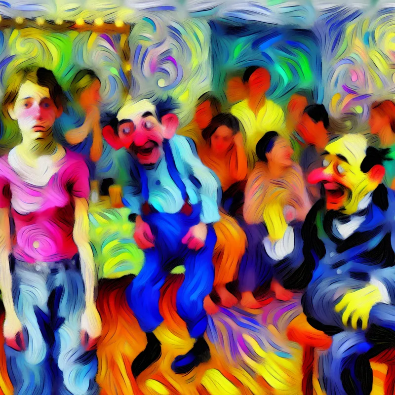 Abstract schilderij van een jong persoon dat zich schaamt terwijl hun vader druk gebarend de aandacht trekt in een kleurrijke, chaotische ruimte