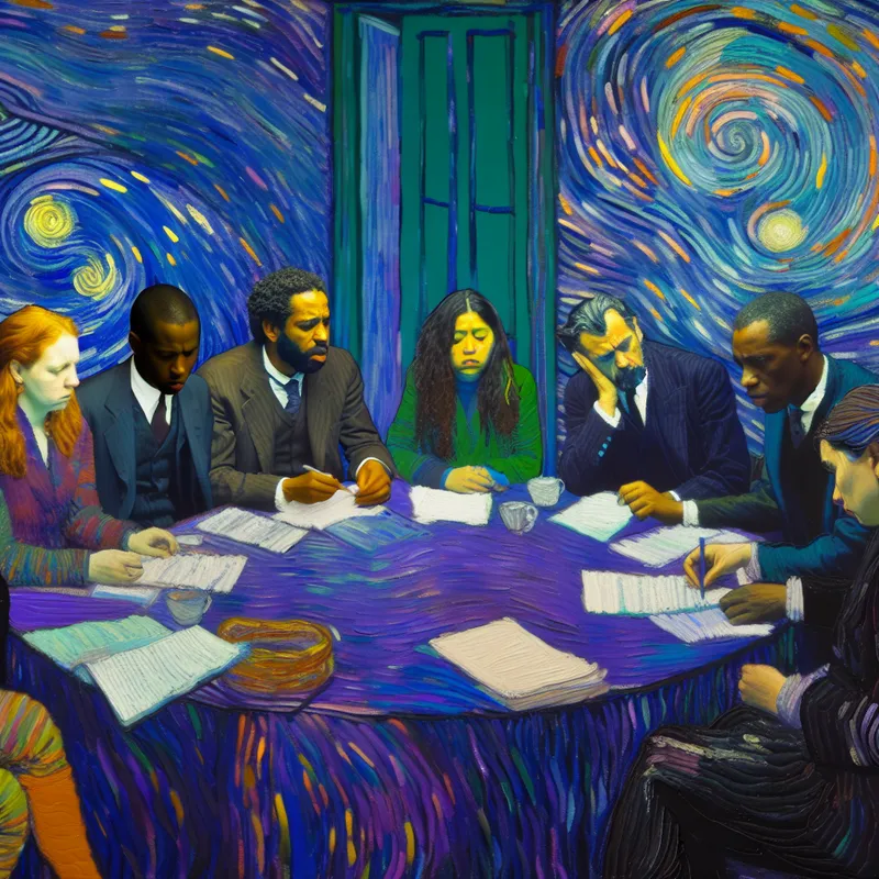 Groep diverse individuen rondom ovale tafel in overleg, met papieren in een gedempte ruimte.