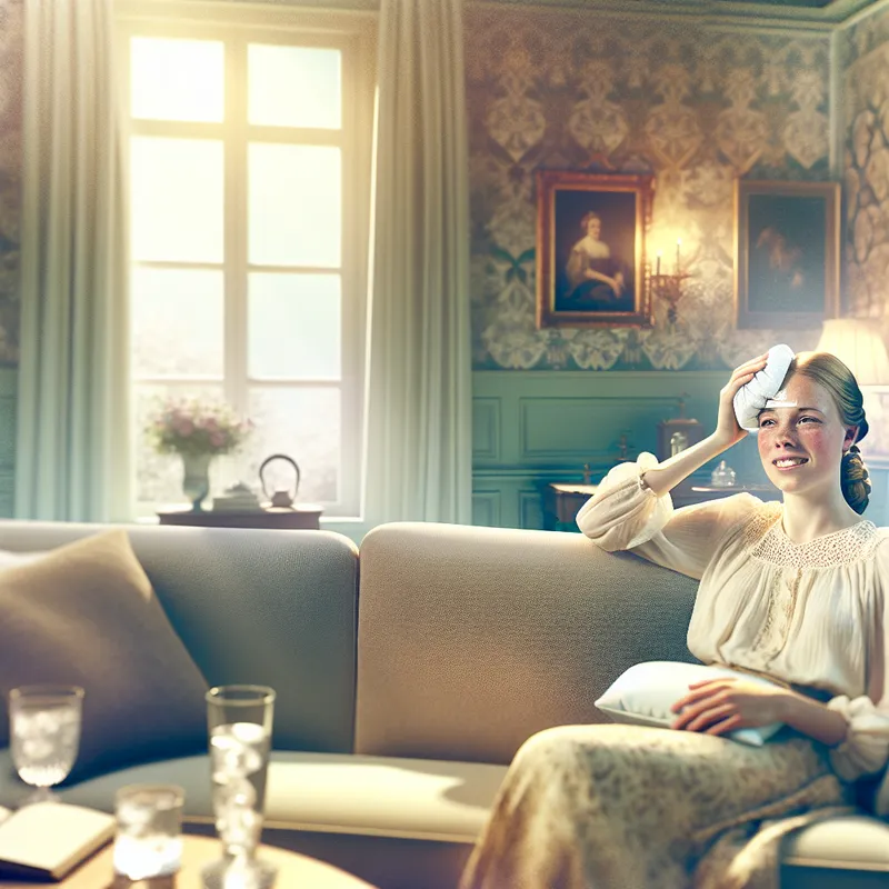 Jonge vrouw met een ijszak op haar voorhoofd terwijl ze op een bank zit, met een glimlach en een glas water en boek op tafel naast haar.