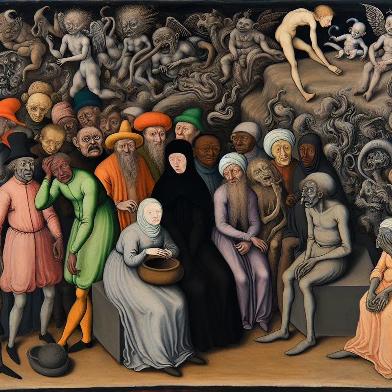 Een surrealistisch tafereel van diverse mensen rond een saai onderwerp, met verveelde gezichten in een kleurige, fantasierijke omgeving.