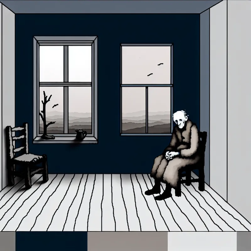 Eenzame oudere man zit somber in een kaal verlichte kamer met bewolkte lucht buiten, illustratie in stijl van Dick Bruna