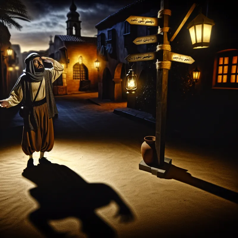 Man in 17e-eeuwse kleding staat op een kruispunt met een verwarrende gezichtsuitdrukking, een lamp werpt dramatische schaduwen.