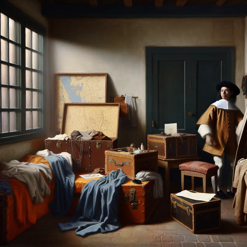 Jonge man in 17e-eeuws interieur met half uitgepakte dozen, een kaart van de Nederlandse Republiek en een brief in zijn hand, kijkend met een contemplatieve blik