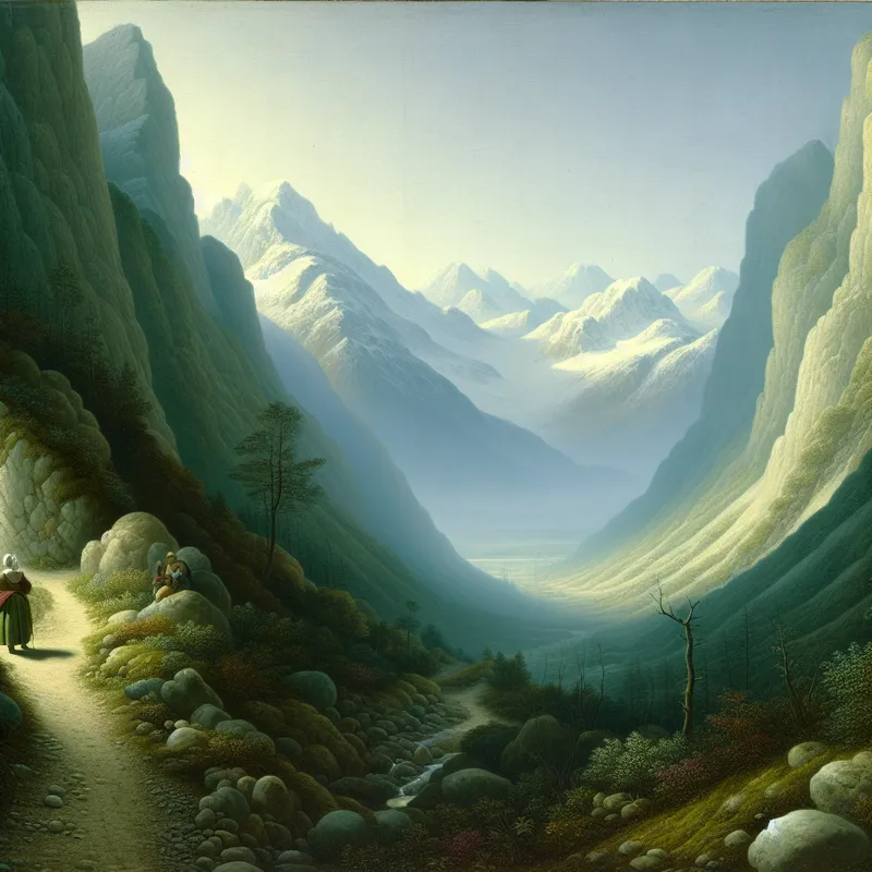 Een eenzame wandelaar in historische kleding bewondert een serene bergpas tussen hoge, besneeuwde pieken met zacht diffuus licht