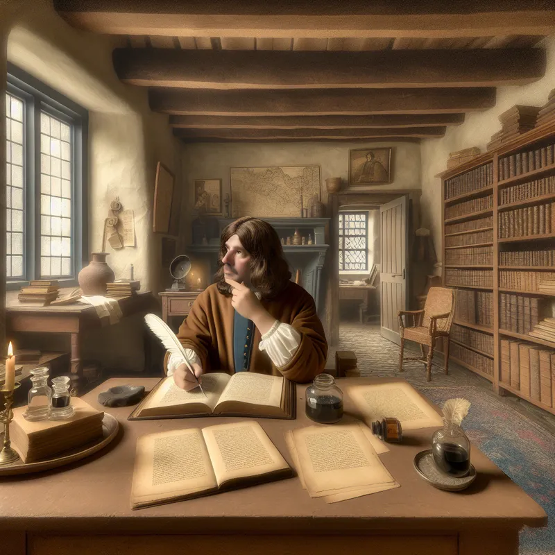 Gedetailleerde Vermeer-achtige scène van een criticus die een recensie schrijft aan een houten tafel met boeken, inktpot en kaars in een rustige, geleerde omgeving