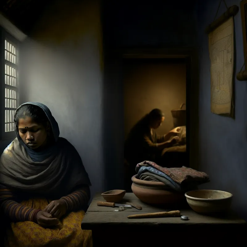 Vrouw in stil verdriet aan houten tafel in schemerige kamer, symboliserend menselijk lijden en ellende door oorlog of armoede, Vermeer-stijl