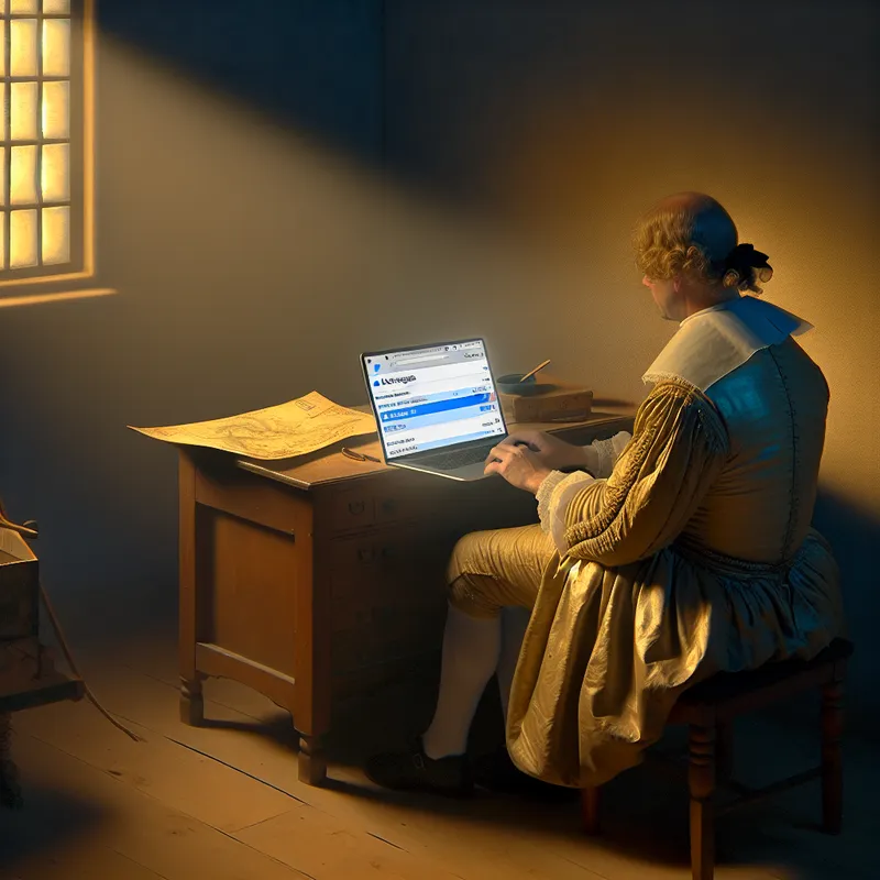 17e-eeuwse persoon achter houten bureau met gloeiend laptopscherm dat een e-mailinbox toont met nieuwe berichtenmelding, in Vermeer-stijl geschilderd