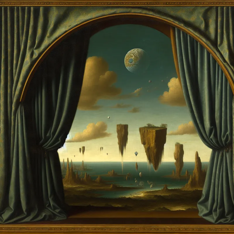 Droomachtig uitzicht op een aarde-achtige planeet door een boogvenster, geïnspireerd op Vermeer, met zwevende eilanden en kristalstructuren in een mystieke kosmos