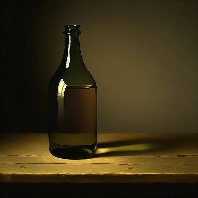 Serene stillevenschilderij in Vermeer-stijl van een klassieke wijnfles met een ronde buik, benadrukt door zacht licht en schaduwen