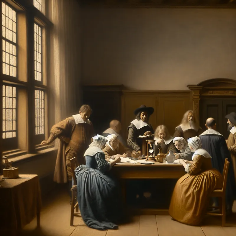Groep mensen aan een houten tafel in historische kamer, Vermeer stijl