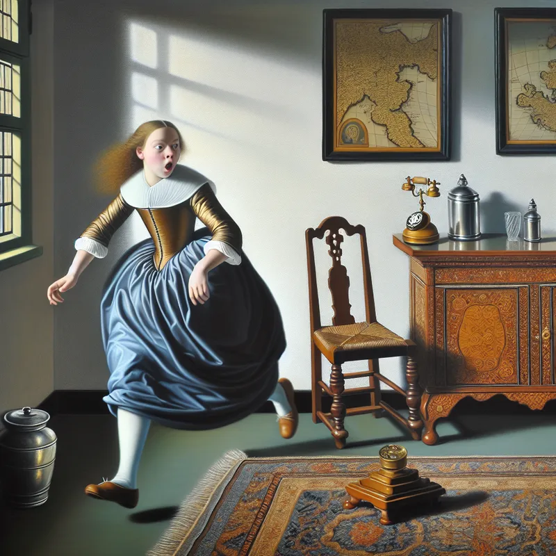 17e-eeuwse vrouw in Nederlandse kleding die zich haast naar een rinkelende telefoon in een Vermeer-achtig interieur