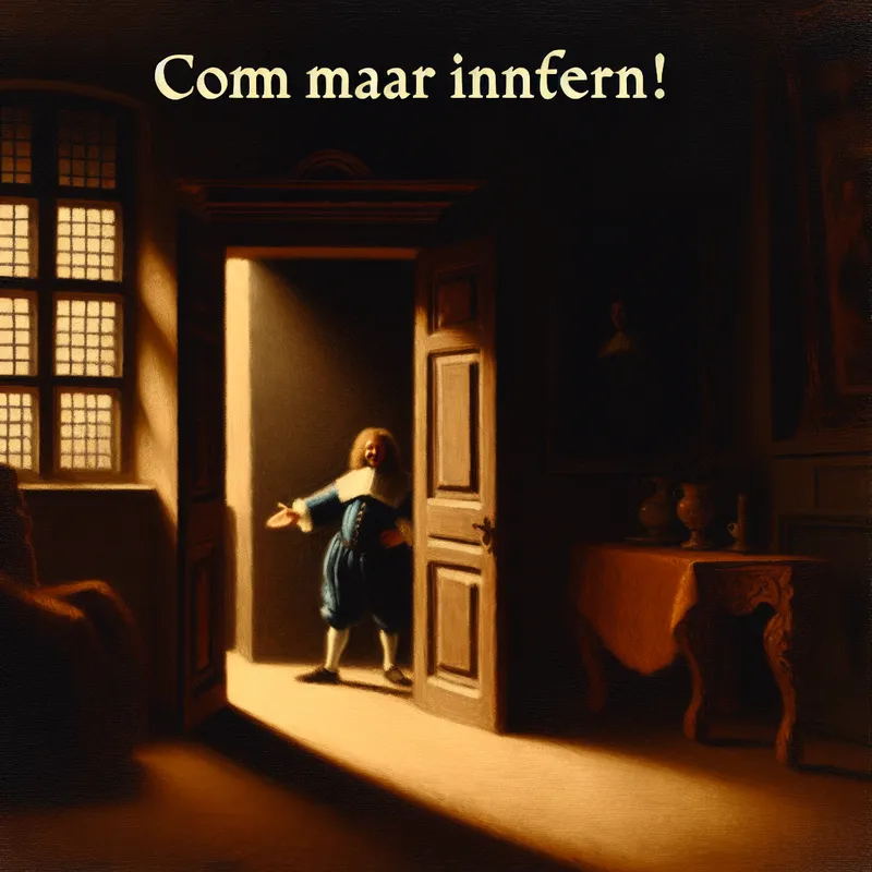 Interieur in de stijl van Vermeer met persoon bij de deur die gebaart met 'Kom maar binnen!'