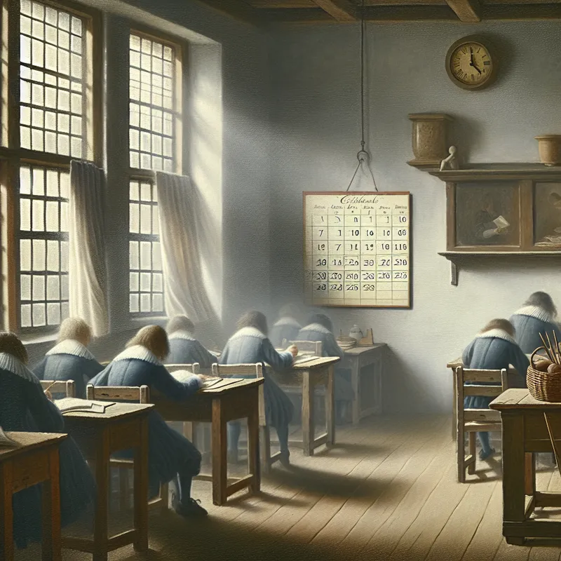 Johannes Vermeer-stijl klassiek interieur van een schoolklas met kalender, licht en schaduwen