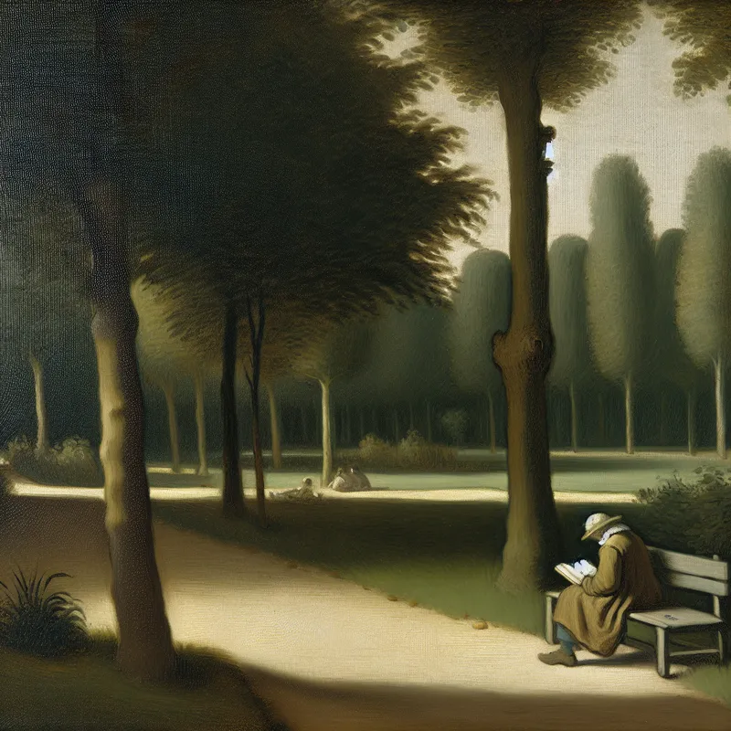 Een persoon leest een boek op een bankje in een park, geïnspireerd door Johannes Vermeer