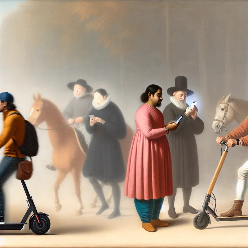 Schilderij in Vermeer-stijl met moderne en historische samenleving