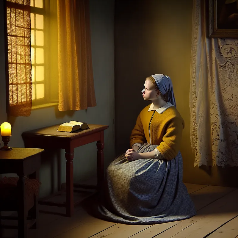 Jonge vrouw in gebed, badend in zacht gouden licht in stijl van Vermeer, symboliserend religieus geloof en devotie