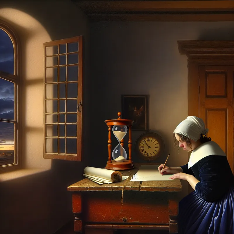 Persoon zit aan houten bureau in zachte verlichting, bezig met schrijfopdracht, Vermeer-stijl