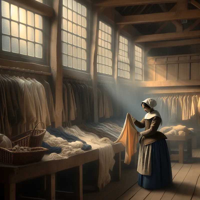 Vrouw in 17e-eeuwse Nederlandse kleding bekijkt een afgeprijsd overhemd tijdens een rustige uitverkoop in een sfeervolle winkel, geschilderd in de stijl van Vermeer