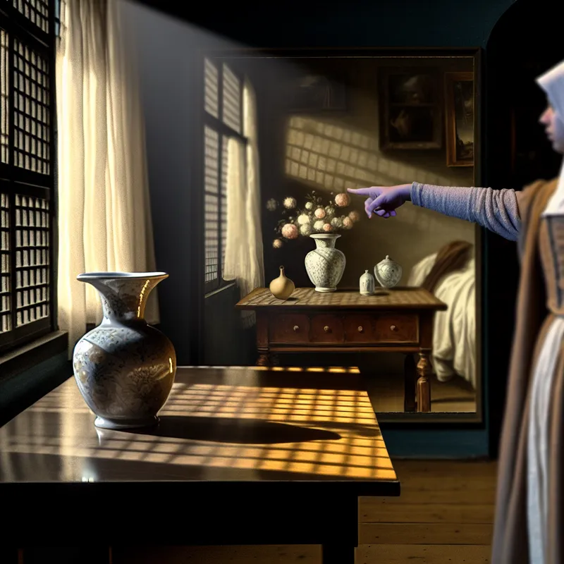 Stilleven met porseleinen vaas op glanzende houten tafel in Vermeer-stijl, benadrukt het concept 'plaats' in alledaagse setting