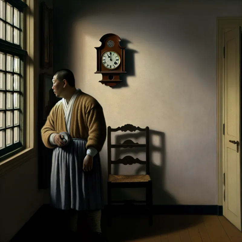 Persoon bij raam met klok in Vermeer-stijl