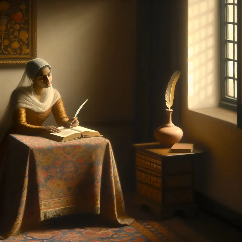 Een persoon zit aan een houten tafel met een open boek en een veerpen, kijkend naar het licht van het raam.