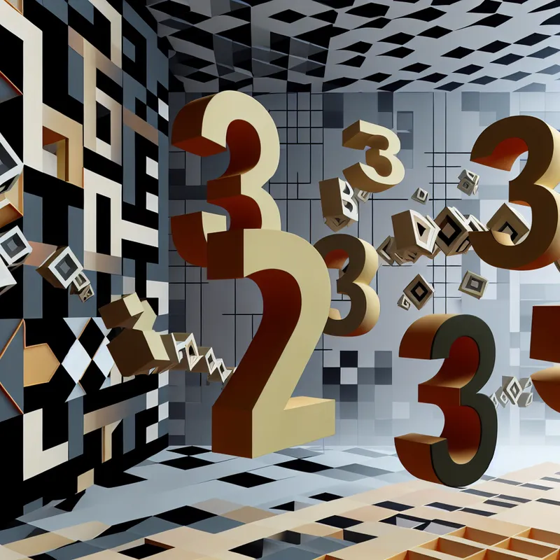 Surrealistische Escher-achtige voorstelling van de vermenigvuldiging 3 maal 4 is 12 met zwevende getallen en optische illusies