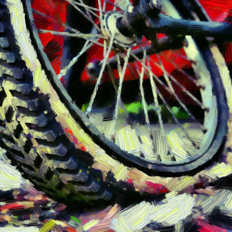 Abstract expressionistisch schilderij van een versleten, gedeeltelijk leeggelopen fietsband met zichtbare scheuren en patches, symbool voor vermindering in kwaliteit