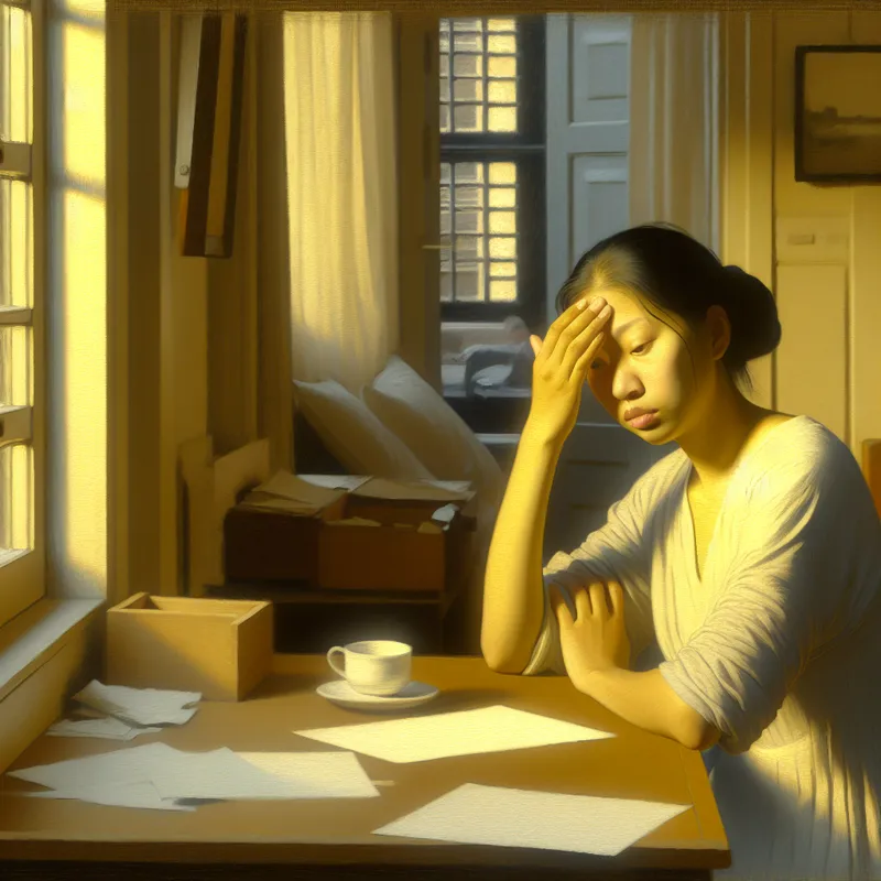 Een jonge vrouw in een kantoor, zichtbaar bleek en vermoeid, leunend op haar bureau.