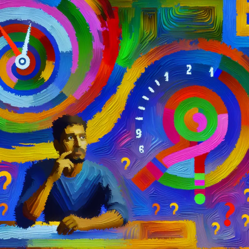 Abstracte voorstelling van een persoon met een nadenkende, onzekere blik omringd door kleurrijke vormen en vraagtekens, die het concept 'vermoeden' uitbeeldt in de stijl van Karel Appel