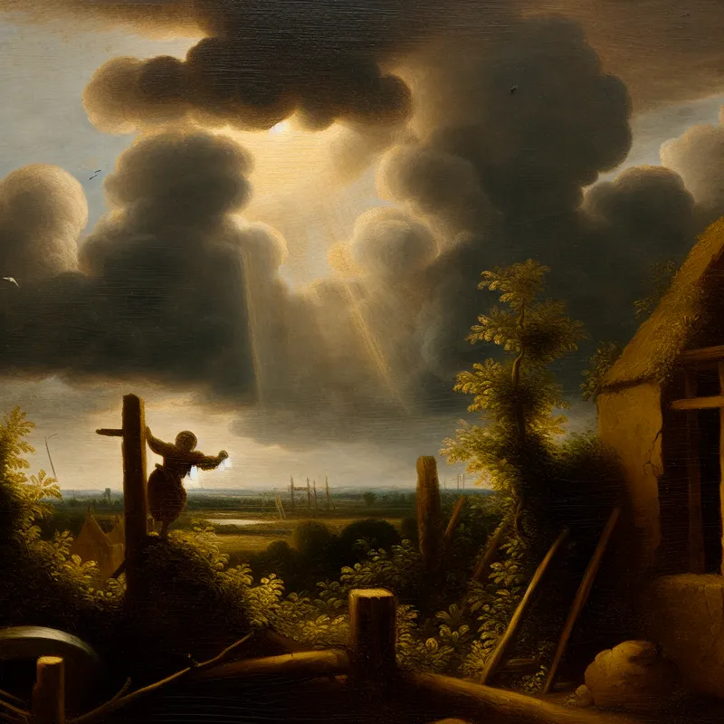 17e-eeuws Nederlands landschap in de stijl van Jacob van Ruisdael met een dramatische lucht en een verdachte figuur die via een raam een huis binnendringt, illustratie van het begrip 'vermoeden'