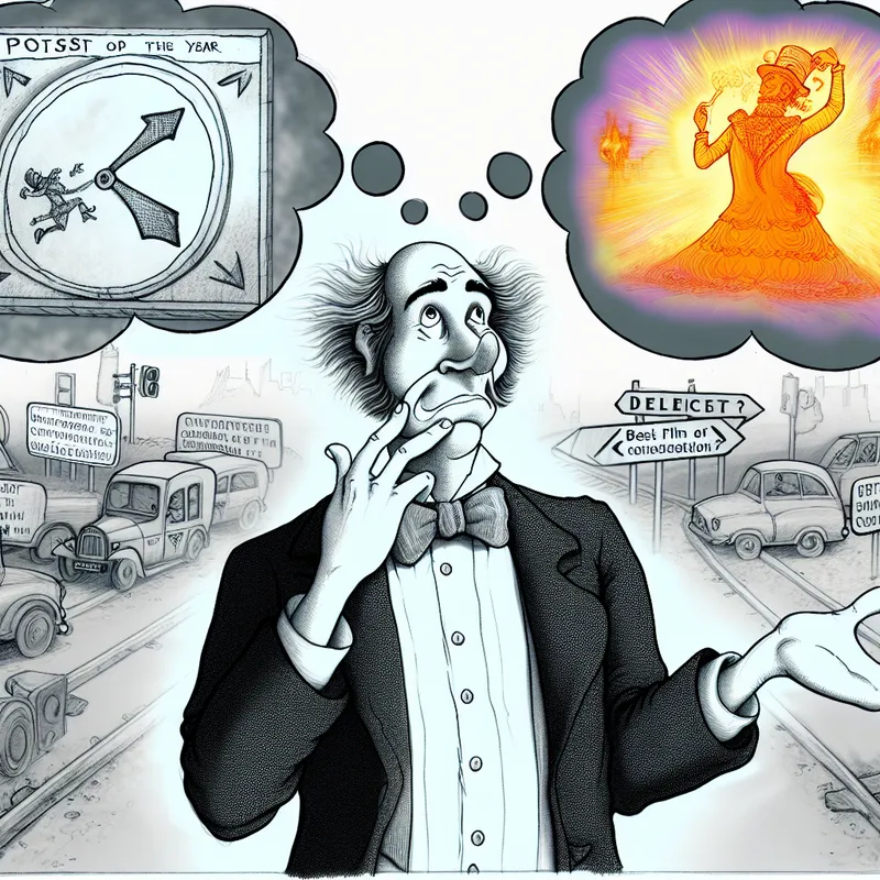 Cartoonfiguur bij kruispunt met denkbeeldige keuzes tussen vertraging en een mogelijke prijswinnende film, uitdrukking van onzekerheid en twijfel