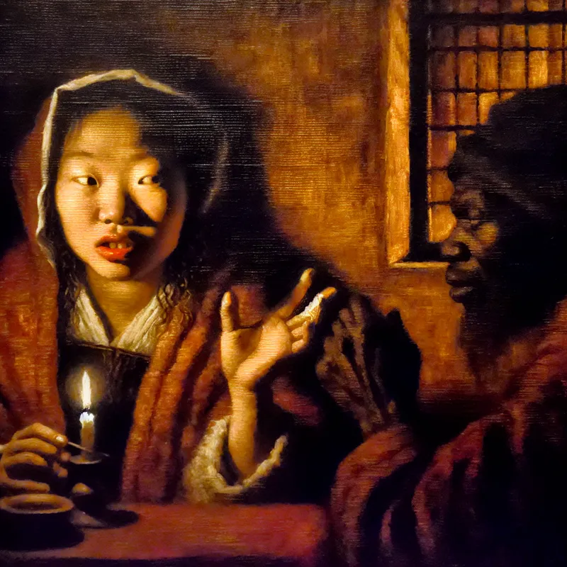 Twee personen in een intiem gesprek bij kaarslicht, uitdrukkingen van twijfel en overpeinzing, Rembrandt-stijl schilderij over vermoedens uitspreken