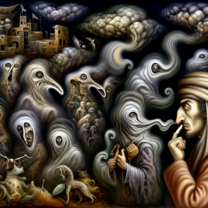 Surrealistisch tafereel van een persoon die argwanend de lucht opsnuift, omringd door spookachtige figuren en vreemde wezens in een duistere, onheilspellende sfeer, symbool voor een vermoeden van bedrog