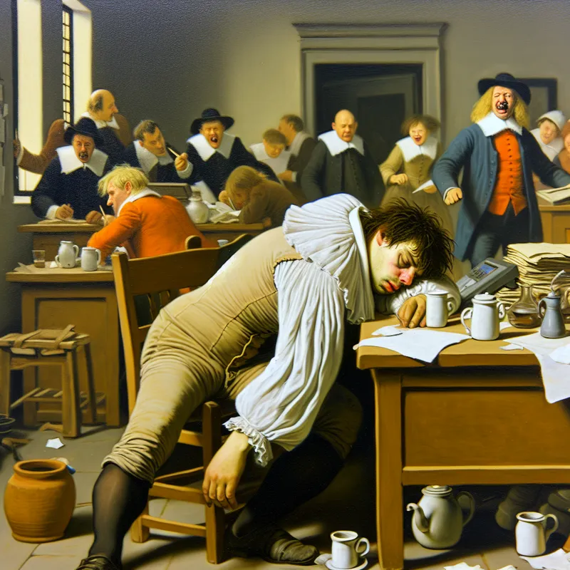 Man die vermoeid aan zijn bureau zit, omringd door lege koffiekopjes en verspreide papieren in een druk kantoor.