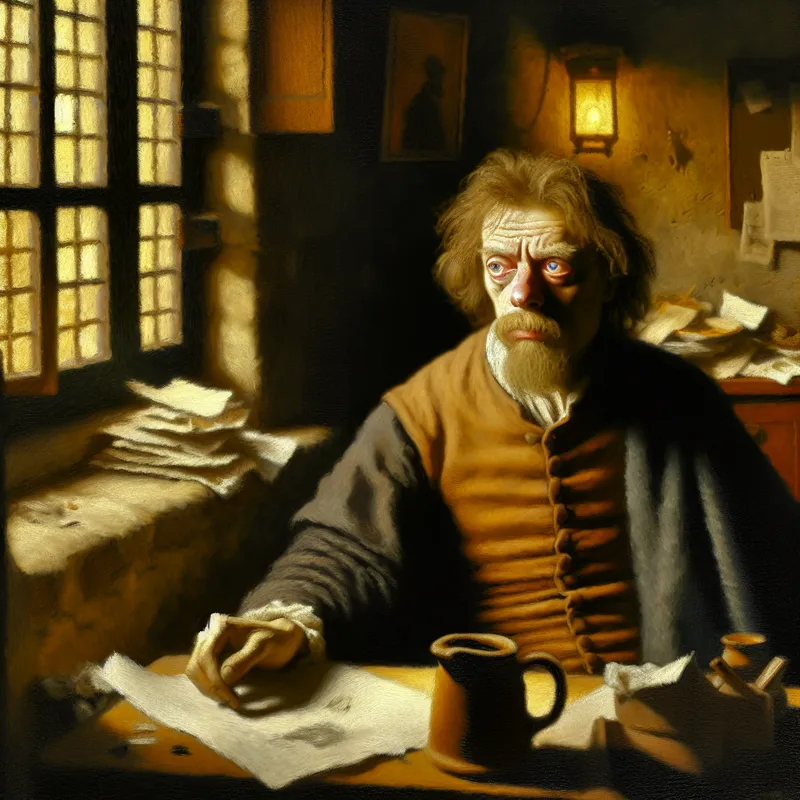 Een vermoeide man in een oude, slecht verlichte kamer, zittend aan een bureau vol met papieren en een halfvolle koffiemok, met uitdrukkingen van vermoeidheid en tegenstrijdheden met de zonnige buitenwereld.