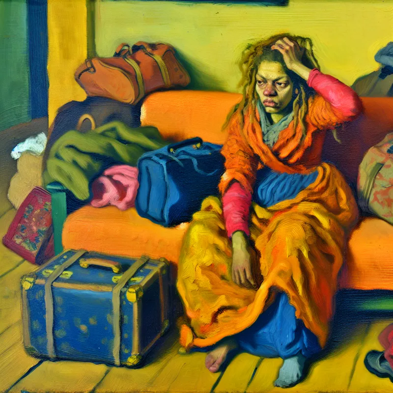 Portret van een vermoeide persoon op een bank na een lange reis, omringd door reisbagage en een half ingepakte koffer.