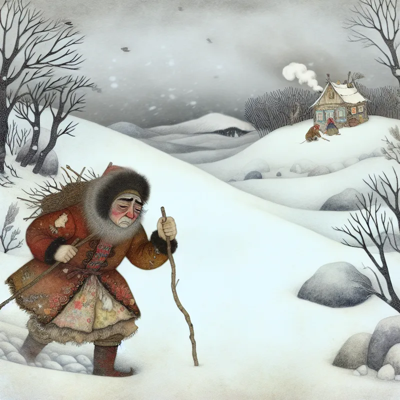 Een vermoeide reiziger die door een winterlandschap zich een weg baant door de sneeuw, met een hut op de achtergrond.