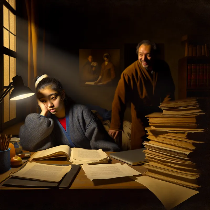 Een vermoeide student zit aan een bureau vol boeken, met een laptop en een ondersteunende figuur die over hen leunt in een gezellige, zwak verlichte kamer.