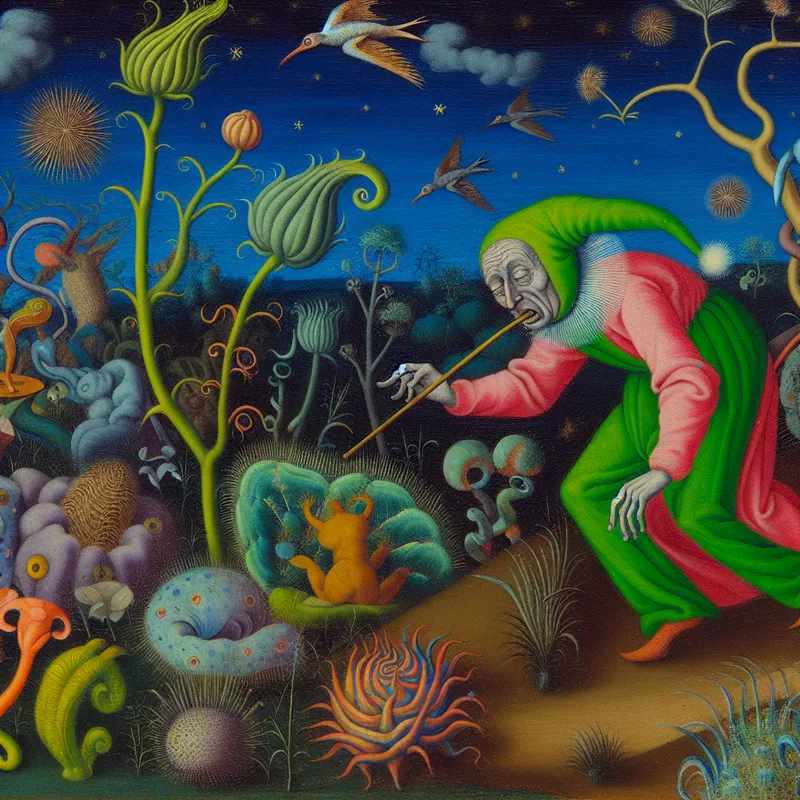 Een vermoeide maar vrolijke persoon danst in een surrealistisch, Bosch-achtig landschap vol vreemde wezens.