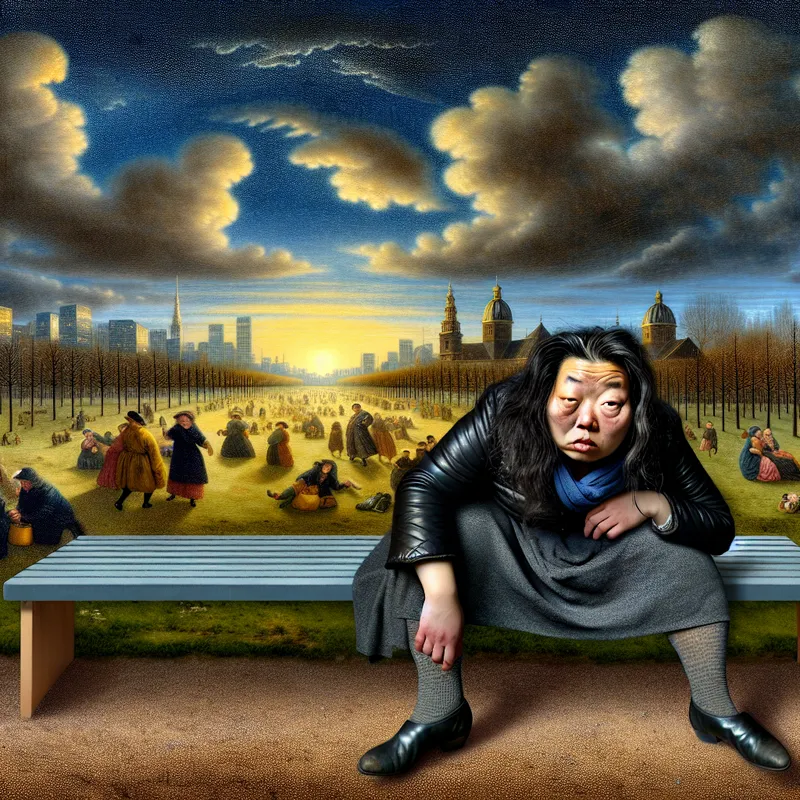 Een vermoeide vrouw zit op een parkbank na een lange werkdag, met een dramatische lucht op de achtergrond.