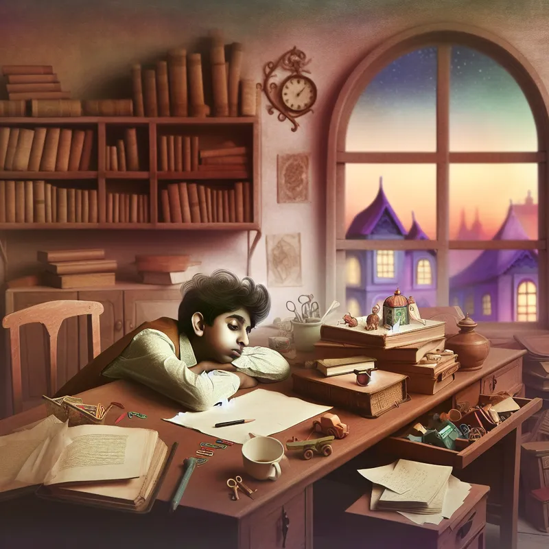 Een vermoeide jonge man leunt zijn hoofd op zijn armen aan een rommelig houten bureau vol boeken en papieren in een gezellige studeerkamer.