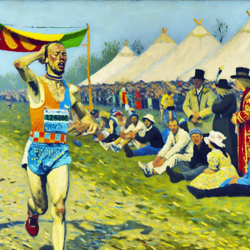 Een uitgeputte hardloper steekt de finishlijn over na een marathon, zichtbaar moe maar ook triomfantelijk, met supporters op de achtergrond.