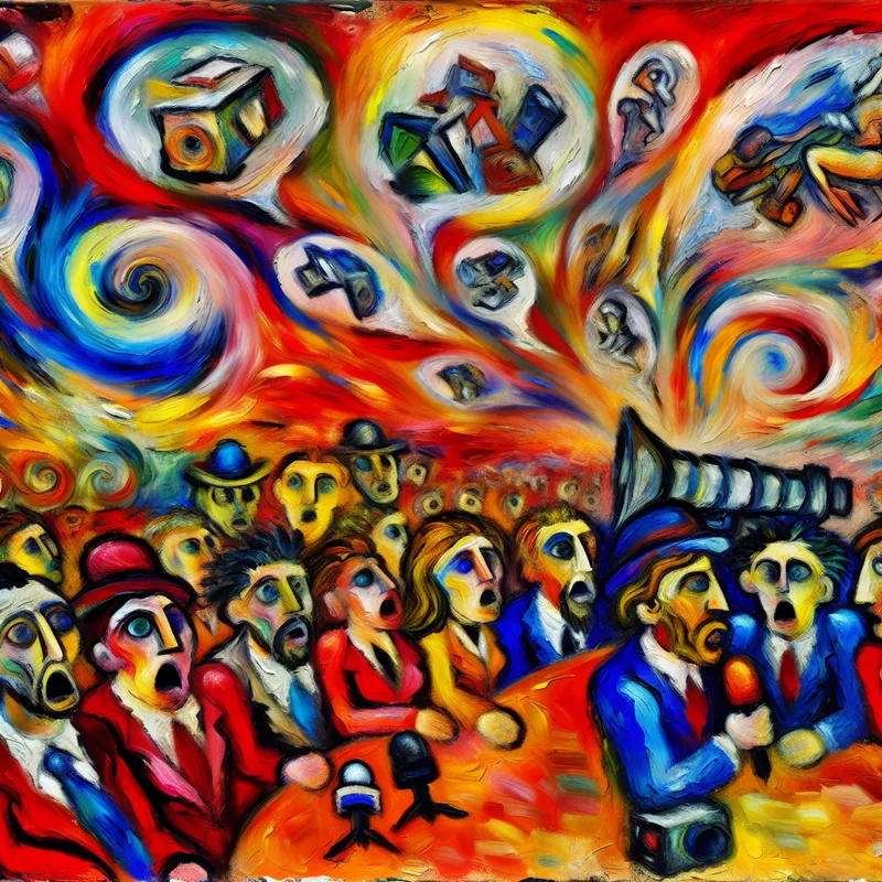 Abstracte voorstelling van journalisten die verschillende oorzaken van een ongeval veronderstellen, met surrealistische beelden in gedachtebellen en een chaotische, kleurrijke achtergrond in de stijl van Karel Appel