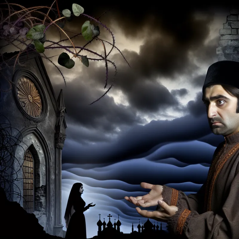 Een sombere persoon die voor een verlaten kerk staat, met een handpalm naar een afstandelijke figuur gericht als gebaar van verontschuldiging.