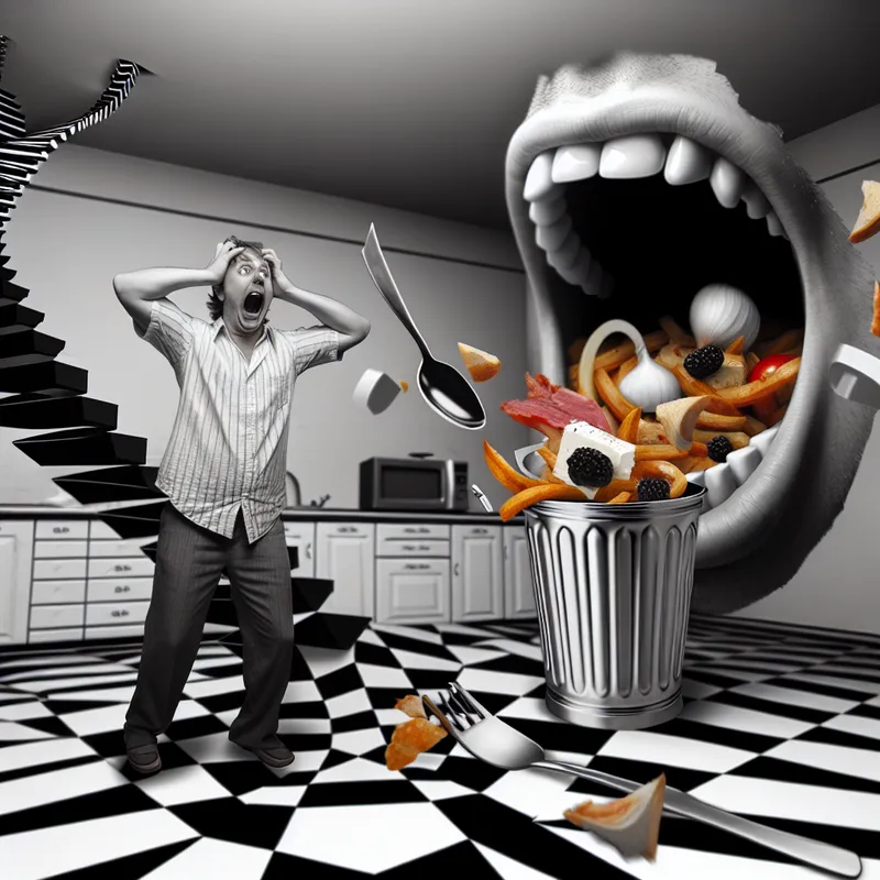 Surrealistische illustratie van overdreven verontwaardiging over voedselverspilling in de stijl van M.C. Escher, met een persoon die geschokt reageert op een bord half opgegeten eten dat in een monsterlijke vuilnisbak verdwijnt