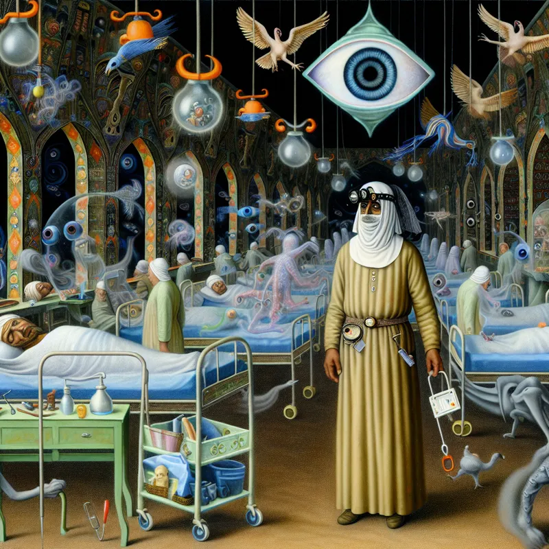 Surrealistisch nachtelijk ziekenhuis met verpleegkundige op wacht, omringd door dromerige en bizarre details in de stijl van Jheronimus Bosch