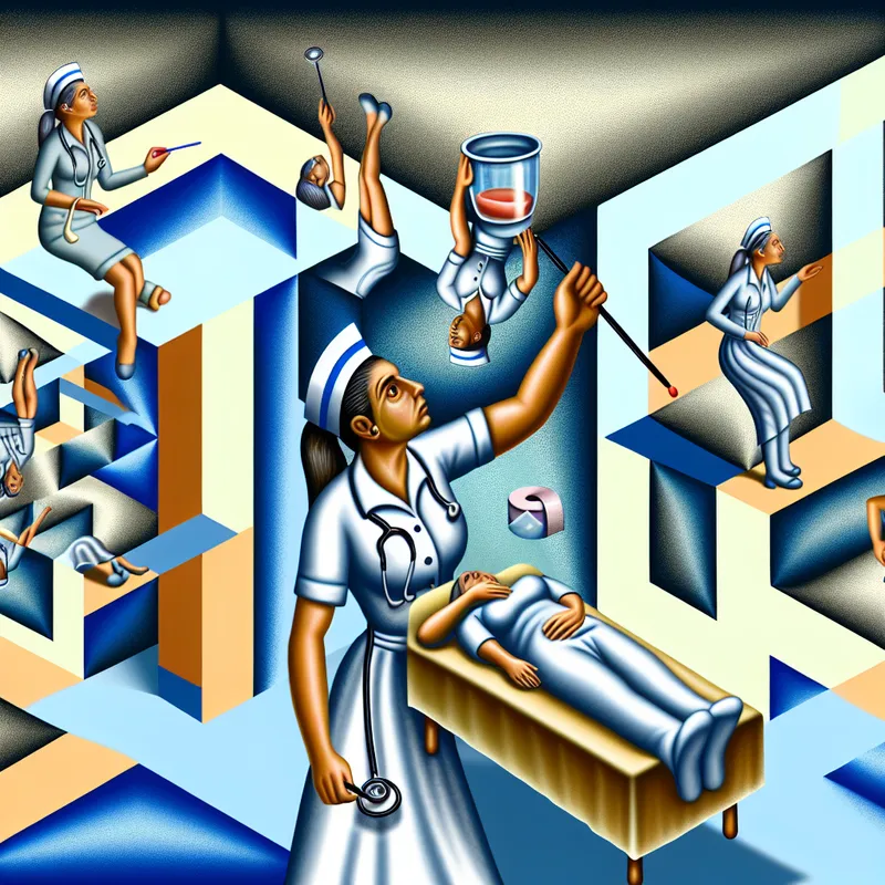 Surrealistische afbeelding van een verpleegkundige die patiëntenzorg biedt, omgeven door geometrische vormen en illusies.