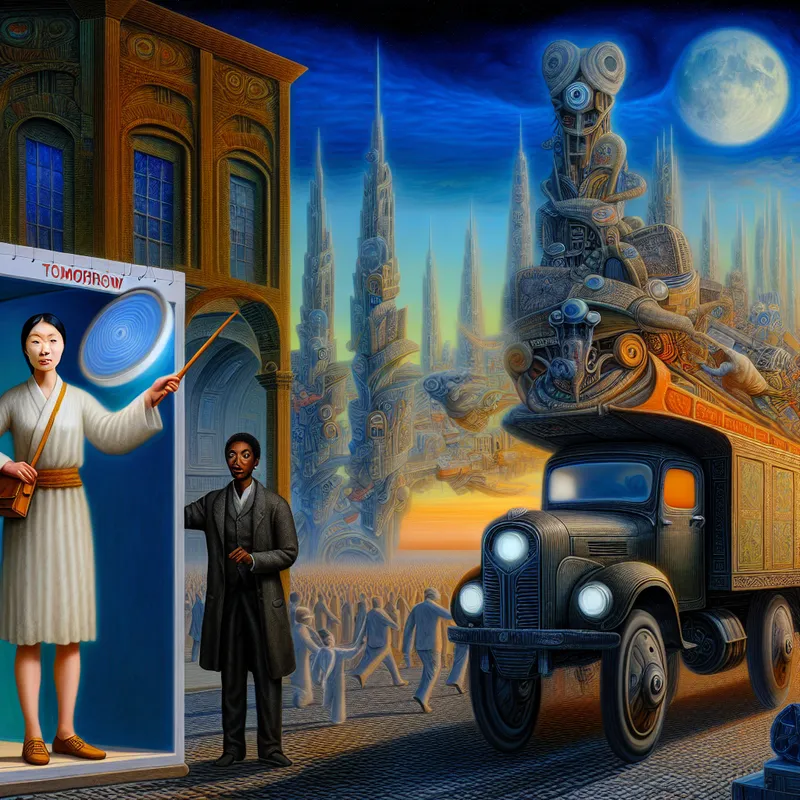 Een persoon staat zelfverzekerd naast een gedetailleerde verhuiswagen, wijzend naar een gekalenders met 'Morgen', terwijl een vriend vol verwachtingen kijkt.